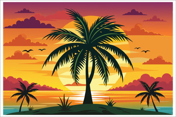 Obraz premium Coconut Tree Sunset Beach Vector Illustration 2025