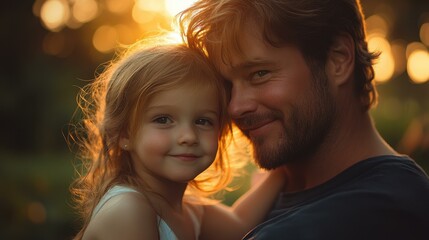 A heartwarming moment of a father and daughter embracing in golden sunlight, showcasing love and family joy in a serene home setting.