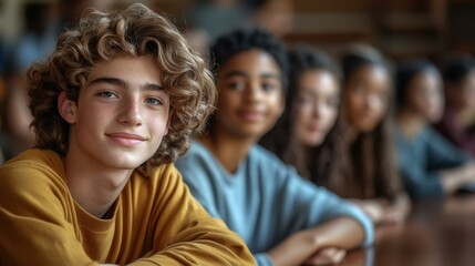 A group of enthusiastic students animatedly discussing topics in class, highlighting a cheerful young man immersed in learning.