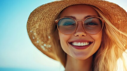 A joyful girl laughs under a clear blue sky, radiating happiness and positivity on a sunlit summer day.