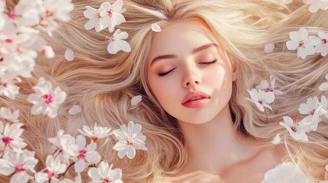Ethereal woman among blossoms, radiating grace and creativity in a soft, dreamy light, perfect for artistic portraits.
