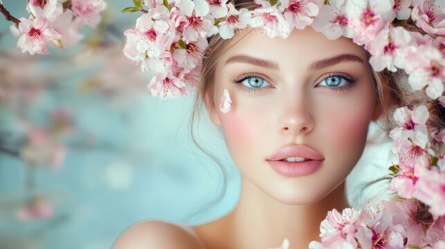 Ethereal woman among blossoms, radiating grace and creativity in a soft, dreamy light, perfect for artistic portraits.
