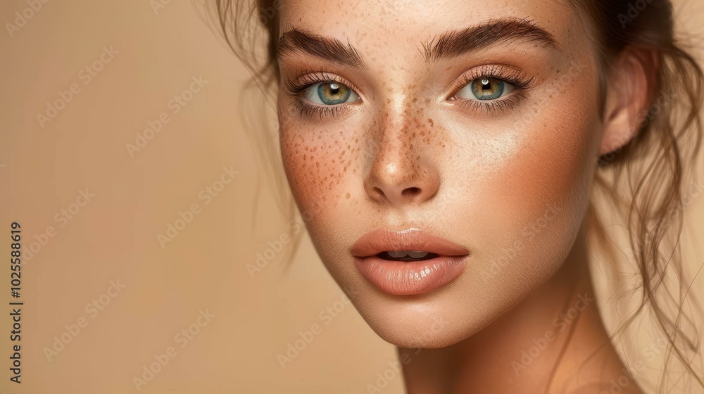 Canvas Prints a closeup of a young woman showcasing her flawless skin and charming freckles, highlighting her deli