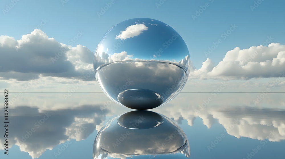 Poster a reflective sphere floats above a calm surface, capturing the essence of clouds and sky, creating a