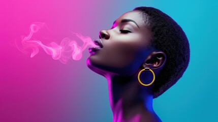 Stunning model with elegant earrings exhales smoke, eyes partly closed, showcasing a futuristic vibe in vibrant colors.