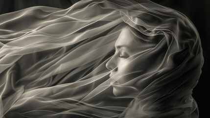  Ethereal portrait of a woman with flowing fabric veil on a dark background..