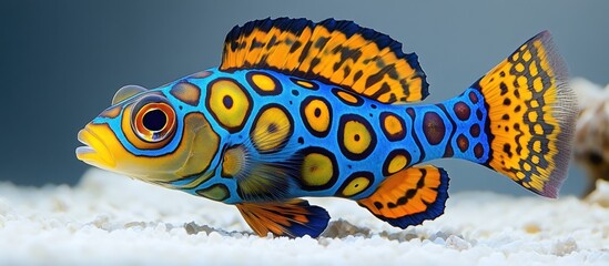 Naklejka premium A vibrant, colorful mandarin fish swims in a clear blue aquarium.