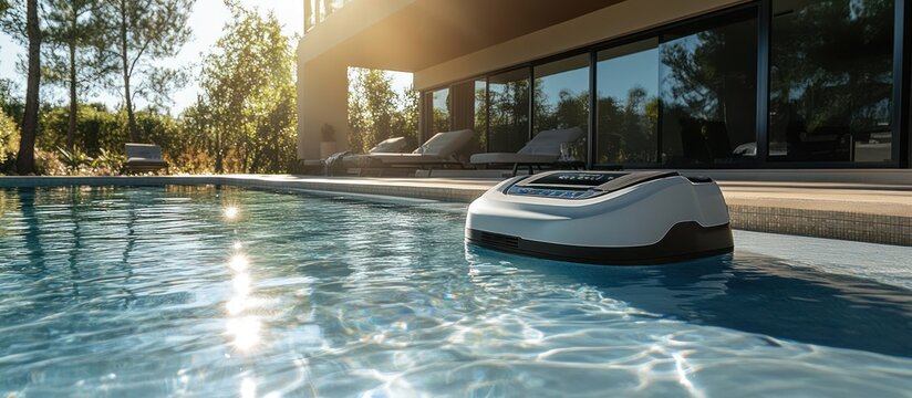 Automatic pool cleaner in a sparkling blue pool with sun reflecting off the water, modern house in background.