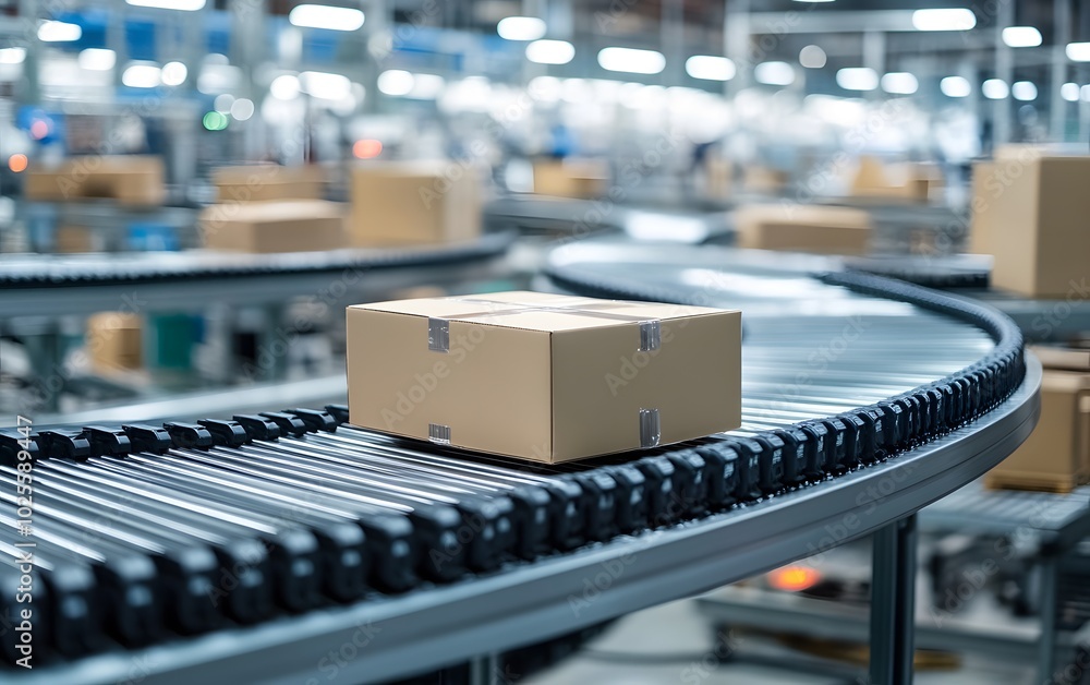 Poster an automated conveyor system transports packages in a modern warehouse, showcasing efficient logisti