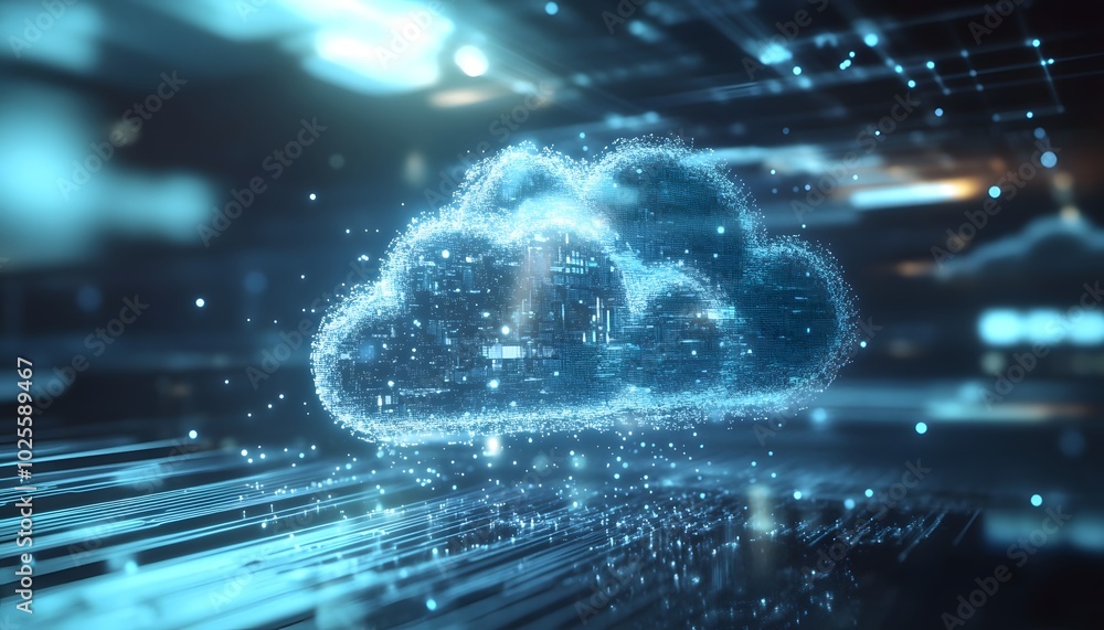 Poster a digital cloud representation glowing amidst abstract data patterns, symbolizing technology and clo