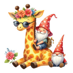 Giraffe and cute Gnome clipart watercolor
