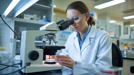 Scientist examining sample under microscope in laboratory.