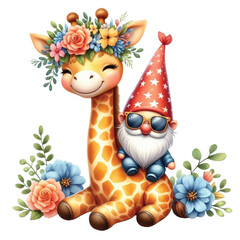 Giraffe and cute Gnome clipart watercolor