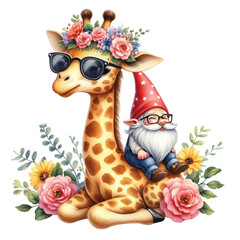 Giraffe and cute Gnome clipart watercolor
