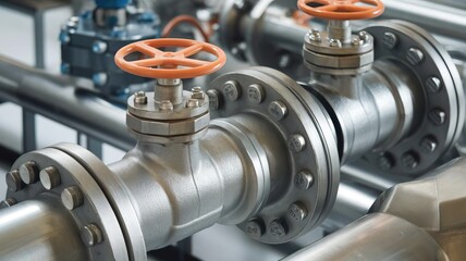 Close-up of industrial valve controls on piping system.