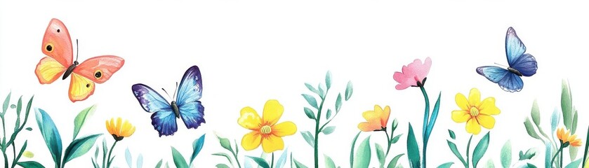 Naklejka premium Blossoming garden, butterflies, joyful scene, Positive feelings, Watercolor style