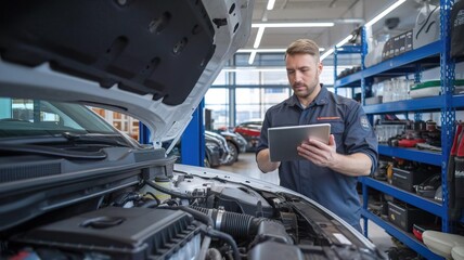 Mechanic analyzing car data with tablet in automotive workshop.