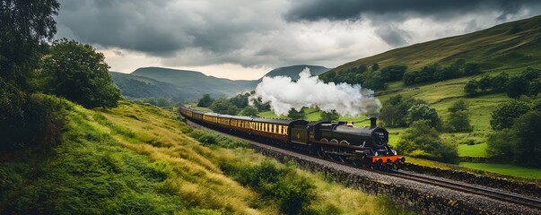 A vintage steam train travels through a scenic landscape, surrounded by lush greenery and rolling hills under a cloudy sky.