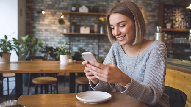 Young woman using smartphone in a cozy cafe with rustic decor. - Powered by Adobe