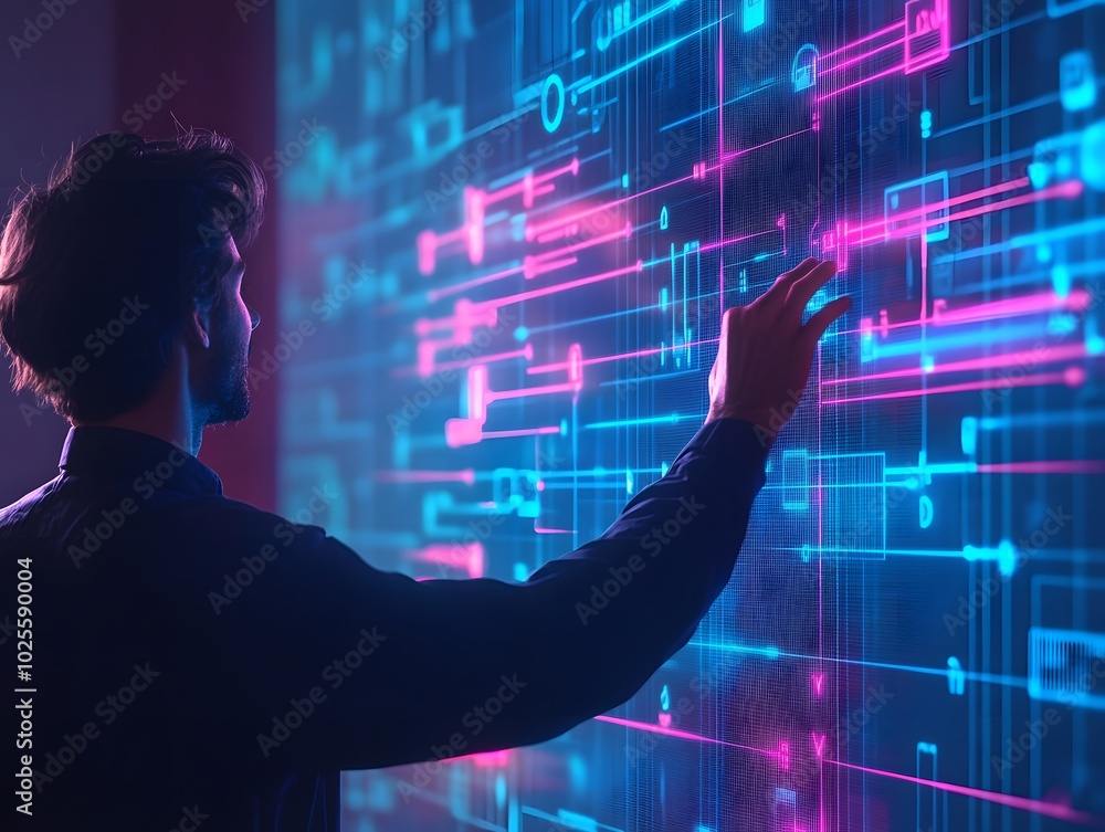 Poster a person interacting with a colorful, digital interface displaying data visualization and futuristic