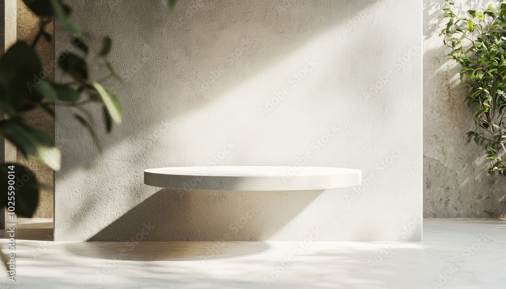 Poster sleek, neutral environment featuring an abstract 3d jewelry display with a floating platform.