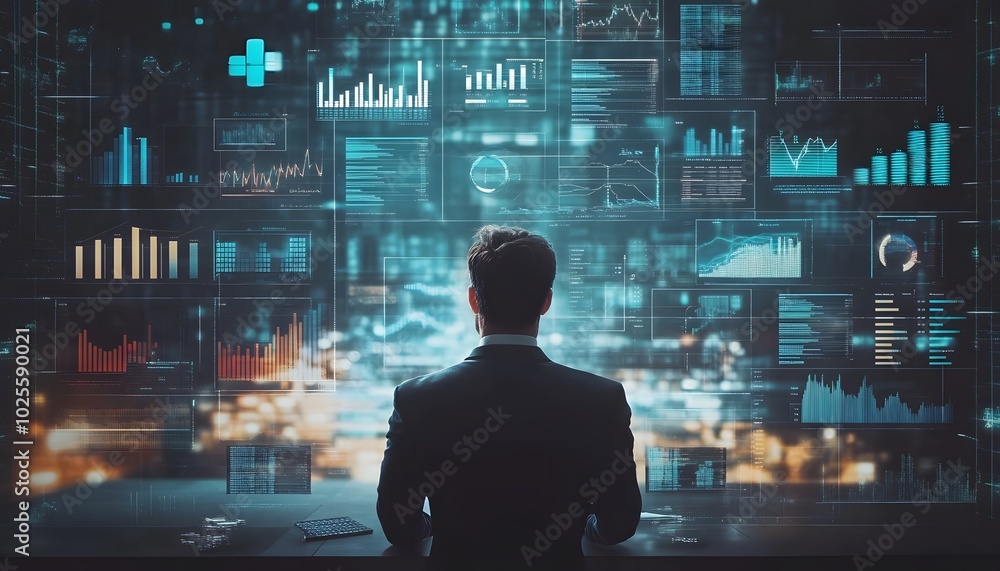 Poster a business professional analyzes data on digital screens in a modern office environment filled with 