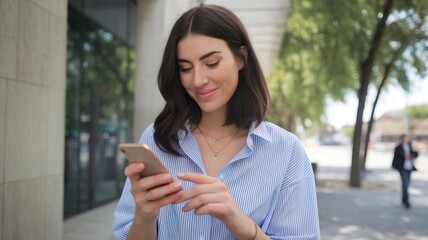 Fototapeta premium Young woman using smartphone, smiling, standing outdoors in urban setting.