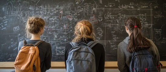 Three students stand in front of a chalkboard covered in equations, looking at the writing.