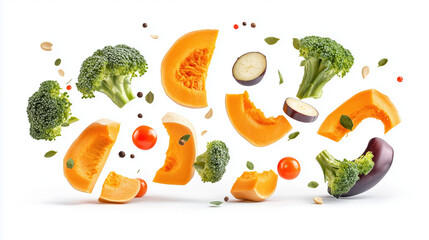 Colorful Frozen Vegetables Falling Against a Pure White Background for Healthy Cooking Inspiration and Meal Prep Ideas