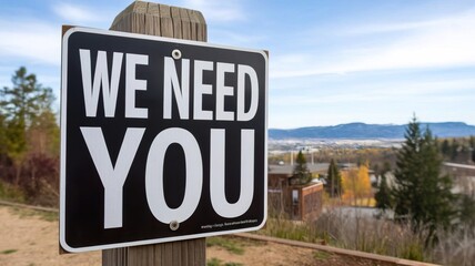 Community support sign urging participation, nature background.