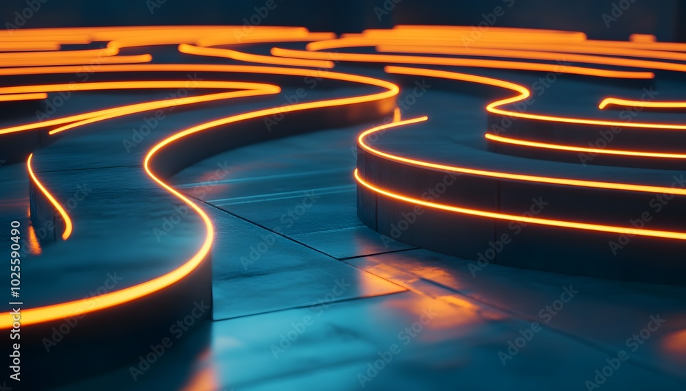 Poster futuristic glowing line design creating a mesmerizing maze pattern on a sleek surface.