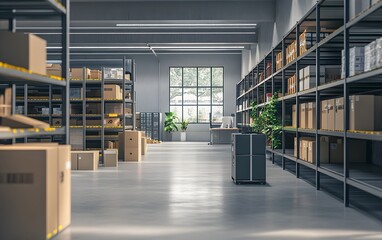 Spacious warehouse interior with organized shelves, boxes, and natural light creating a productive storage environment.