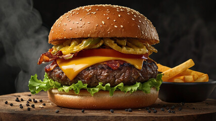 An indulgent, cheese-stuffed burger with layers of crispy fried onions, pickles, and dripping barbecue sauce.