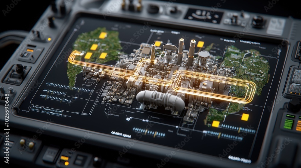 Poster futuristic technology interface with glowing data streams and 3d city model