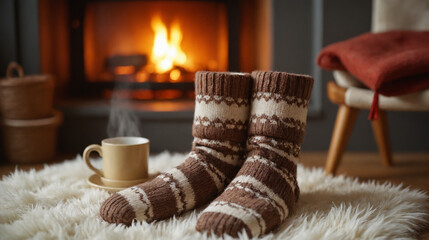 Cozy socks warming by the fireplace with steaming cup of coffee on the furry rug