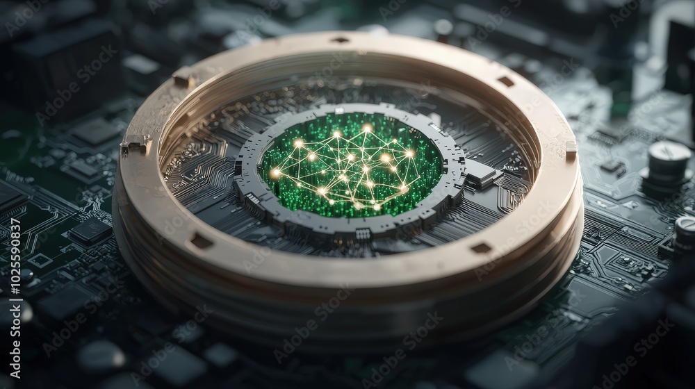 Poster quantum computer core with glowing qubits and circuitry futuristic technology concept