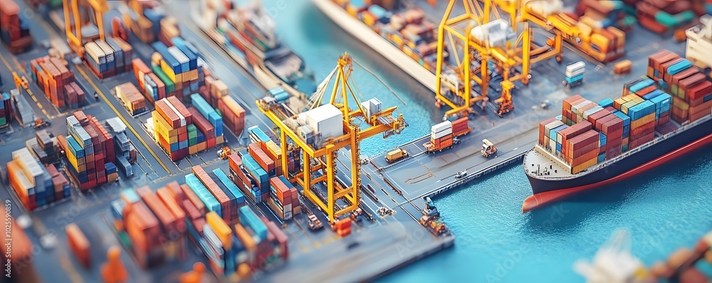 Poster aerial view of a busy port with colorful shipping containers and cranes, showcasing the logistics an