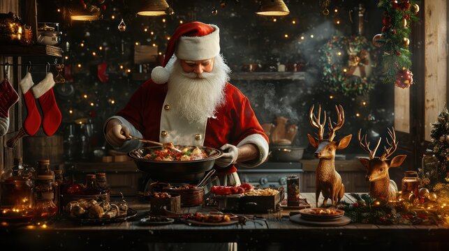 Mockup of a Christmas culinary event banner featuring chef Santa in a festive kitchen.