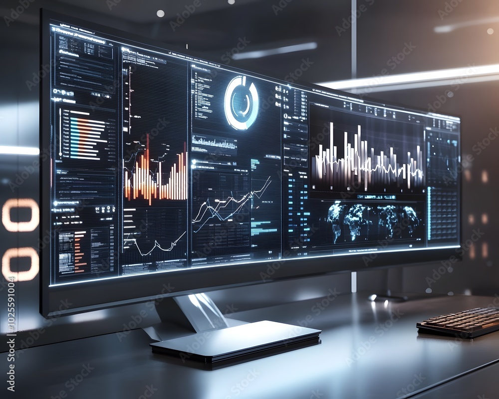 Poster a modern workspace featuring a sleek monitor displaying digital data visualizations and analytics fo