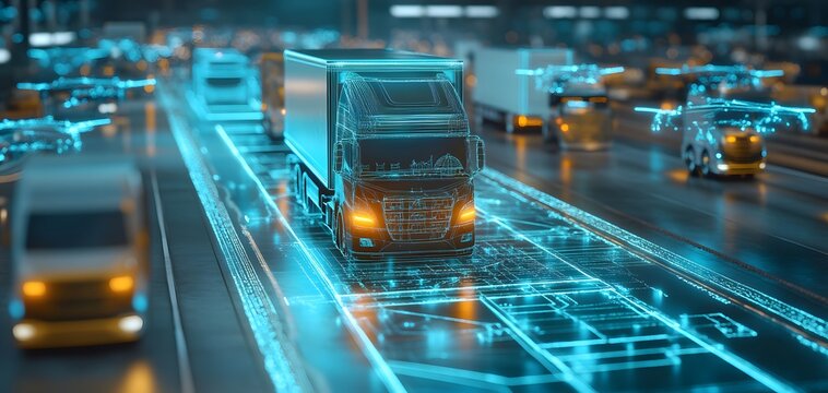 Futuristic transport scene showcasing a digitalized truck navigating a smart city environment with glowing data pathways.