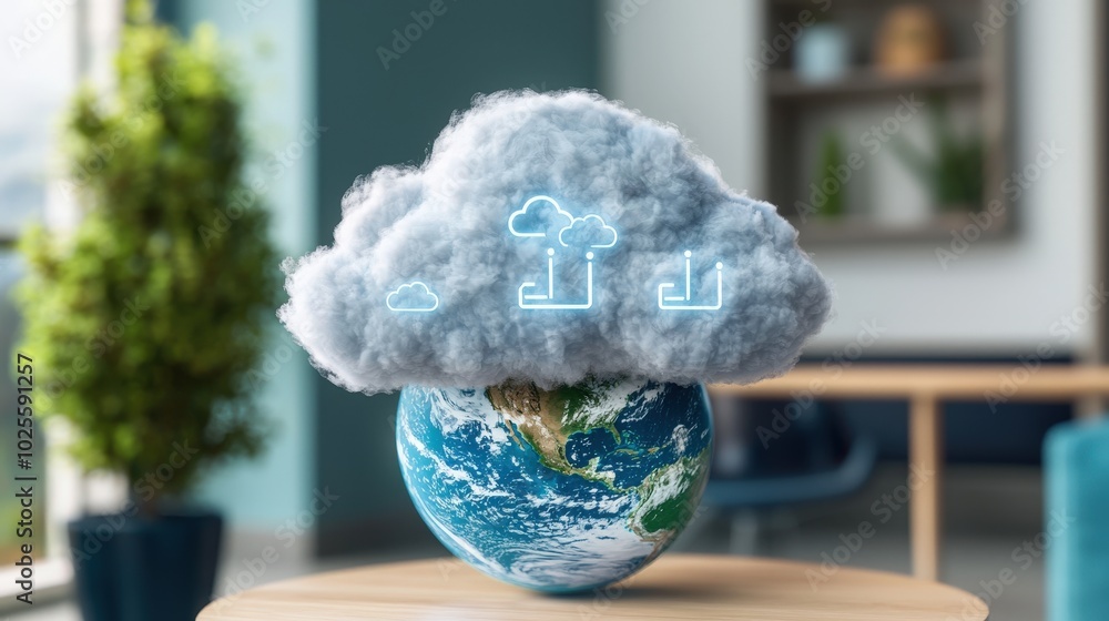 Poster global cloud computing concept with earth and cloud icons