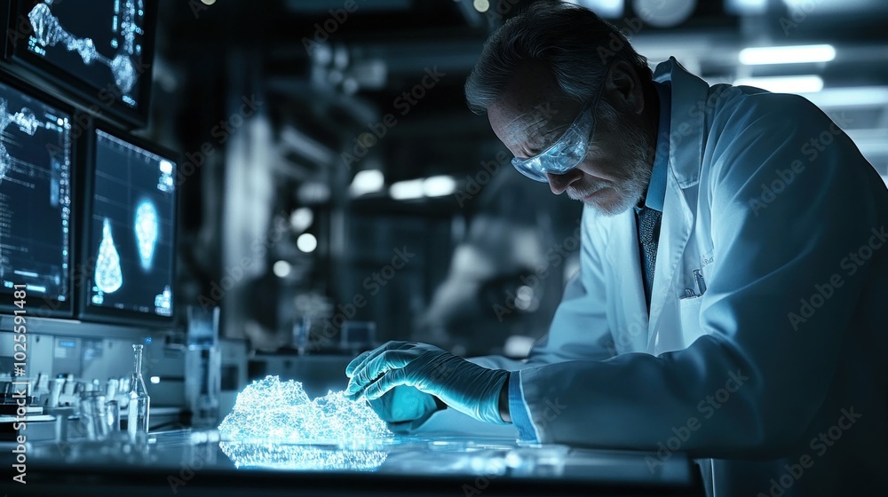 Poster a scientist examines a glowing model in a high-tech laboratory setting.