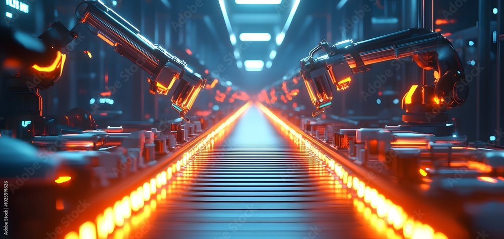 Aufkleber futuristic factory scene showcasing robotic arms and an illuminated conveyor belt, emphasizing autom