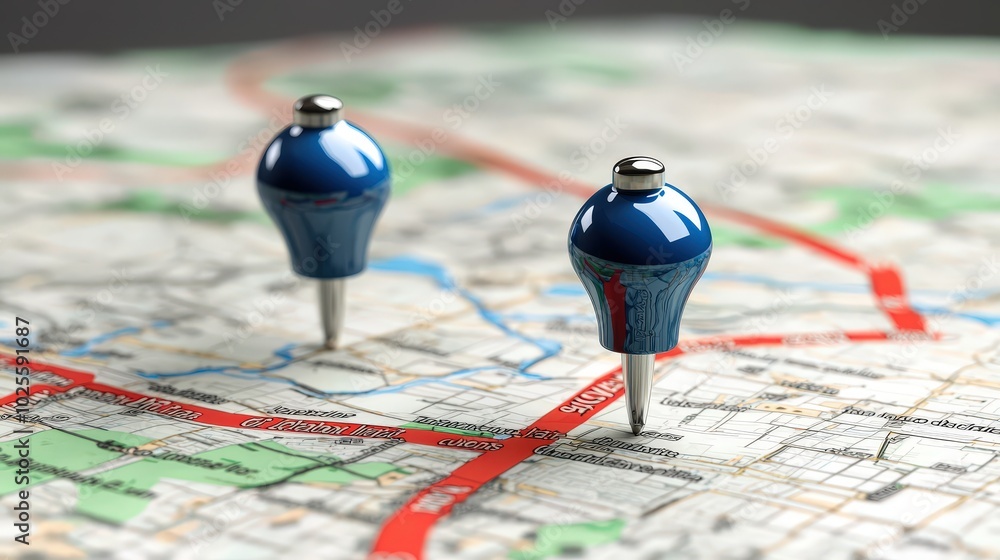 Poster blue push pins marking location on map for navigation and travel