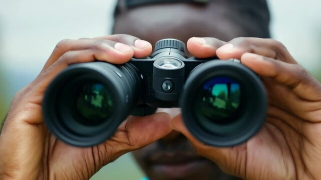 Close up portrait of an African American hiker with binoculars. The man adjusts his binoculars, revealing a world of detail and beauty that often goes unnoticed by the naked eye.