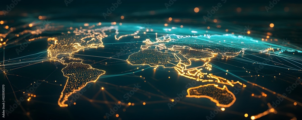 Poster a captivating digital world map with glowing lines representing global connections and networks.