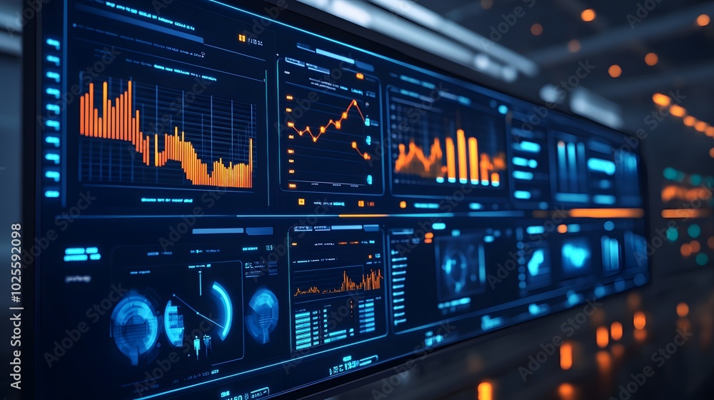 Poster high-tech data visualization on a digital screen, displaying financial trends and analytics in vibra