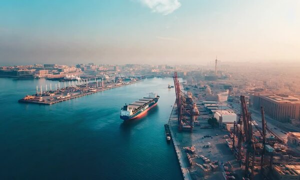 Aerial view of a seaport and industrial area in the port of Al Khalifa, Saudi Arabia. The harbor landscape with ships docked along the seacoast, with a mountainous background.