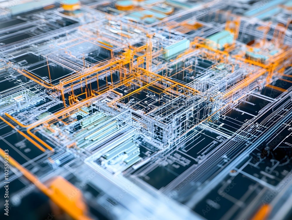 Poster abstract digital landscape showcasing interconnected lines and structures, representing technology a