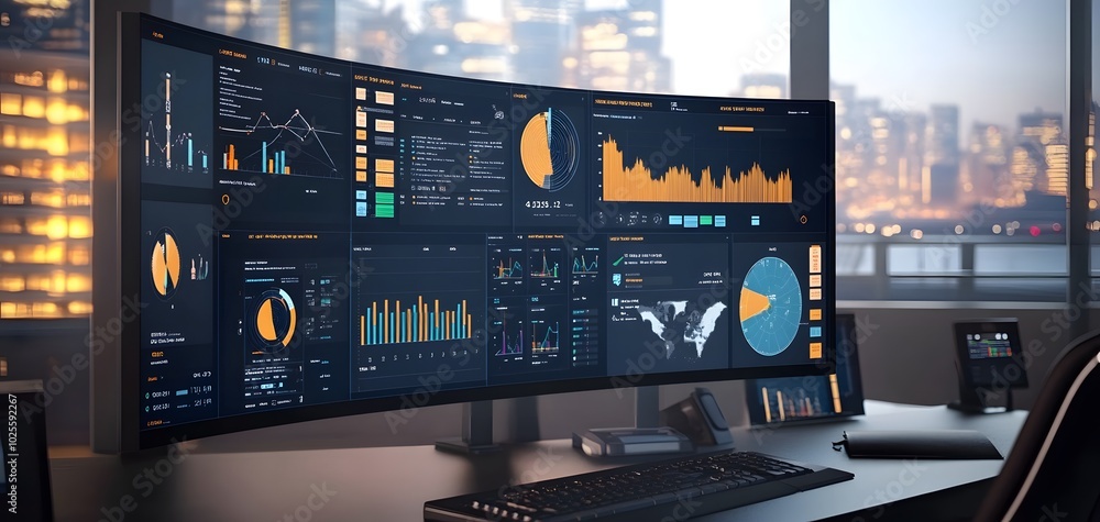 Poster a modern workspace featuring a sleek curved monitor displaying data analytics and graphs against a v